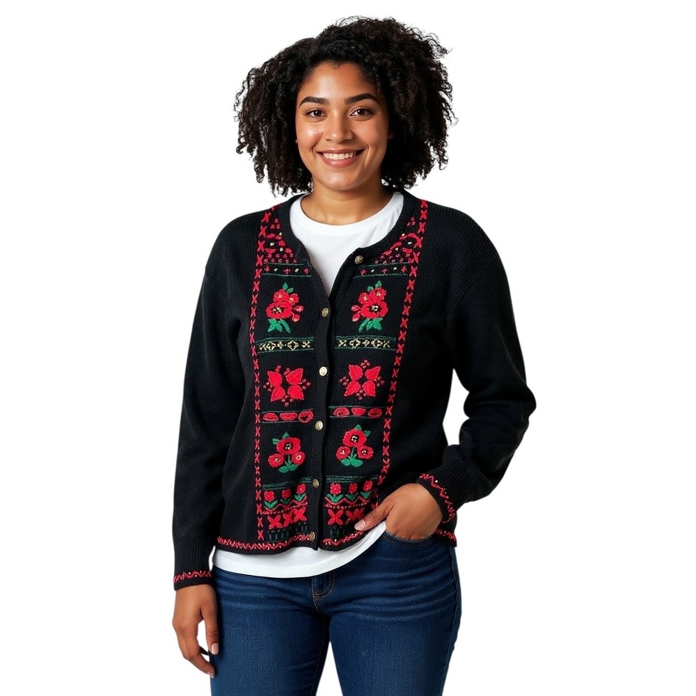 VTG Tally-Ho Creation Christmas Sweater Cardigan Poinsettia Embroidered Knit 460